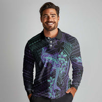 Purple Paradise Hawaii Long Sleeve Polo Shirt Hammerhead Shark Tattoo Curve Polynesian LT14 - Polynesian Pride