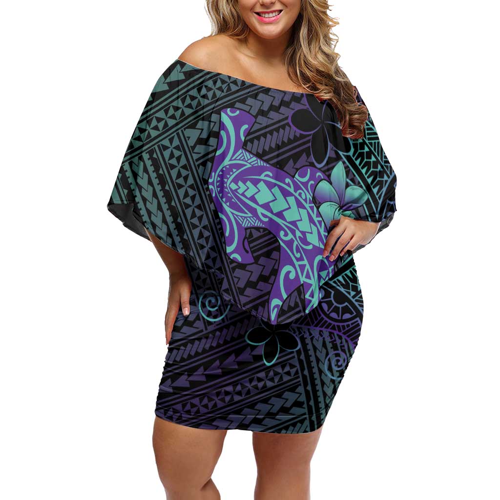 Purple Paradise Hawaii Off Shoulder Short Dress Hammerhead Shark Tattoo Curve Polynesian - Polynesian Pride