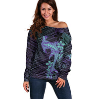 Purple Paradise Hawaii Off Shoulder Sweater Hammerhead Shark Tattoo Curve Polynesian - Polynesian Pride