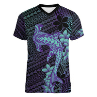 Purple Paradise Hawaii Women V-Neck T-Shirt Hammerhead Shark Tattoo Curve Polynesian - Polynesian Pride