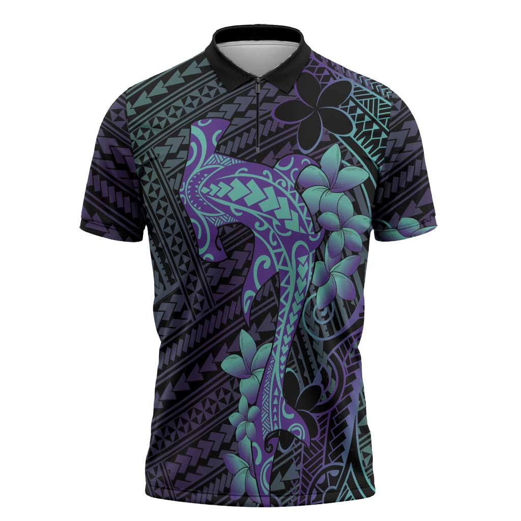 Purple Paradise Hawaii Zipper Polo Shirt Hammerhead Shark Tattoo Curve Polynesian LT14 Purple - Polynesian Pride