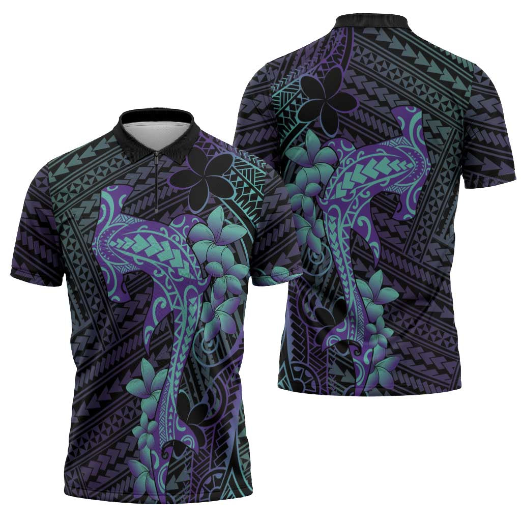 Purple Paradise Hawaii Zipper Polo Shirt Hammerhead Shark Tattoo Curve Polynesian LT14 - Polynesian Pride