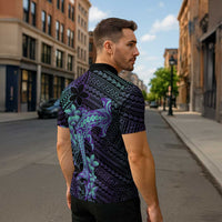 Purple Paradise Hawaii Zipper Polo Shirt Hammerhead Shark Tattoo Curve Polynesian LT14 - Polynesian Pride