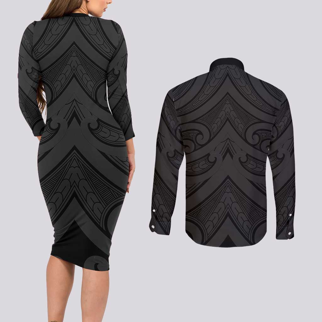 Poutama Korowai New Zealand Couples Matching Long Sleeve Bodycon Dress and Long Sleeve Button Shirt Aotearoa Maori Tattoo - Polynesian Pride