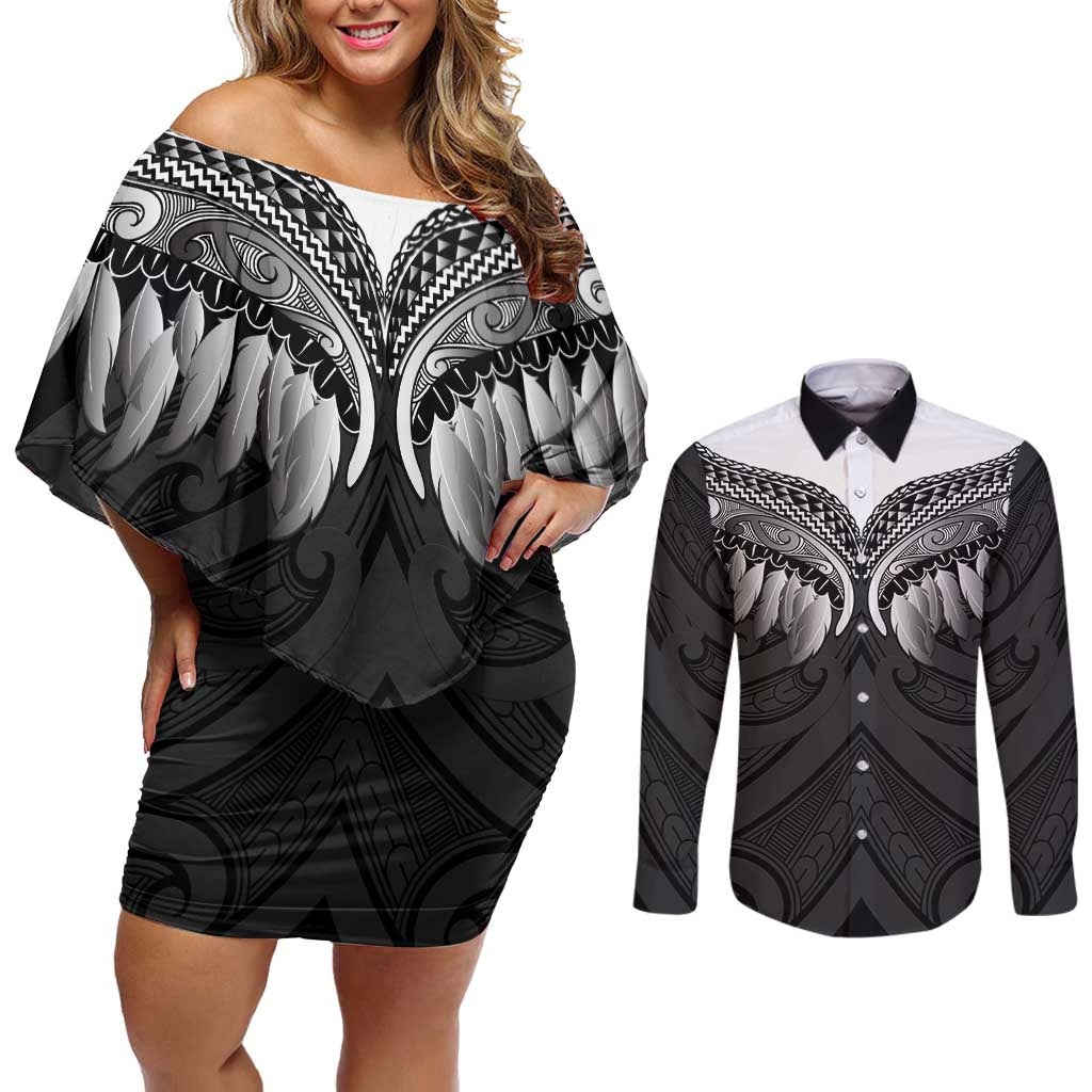 Poutama Korowai New Zealand Couples Matching Off Shoulder Short Dress and Long Sleeve Button Shirt Aotearoa Maori Tattoo - Polynesian Pride