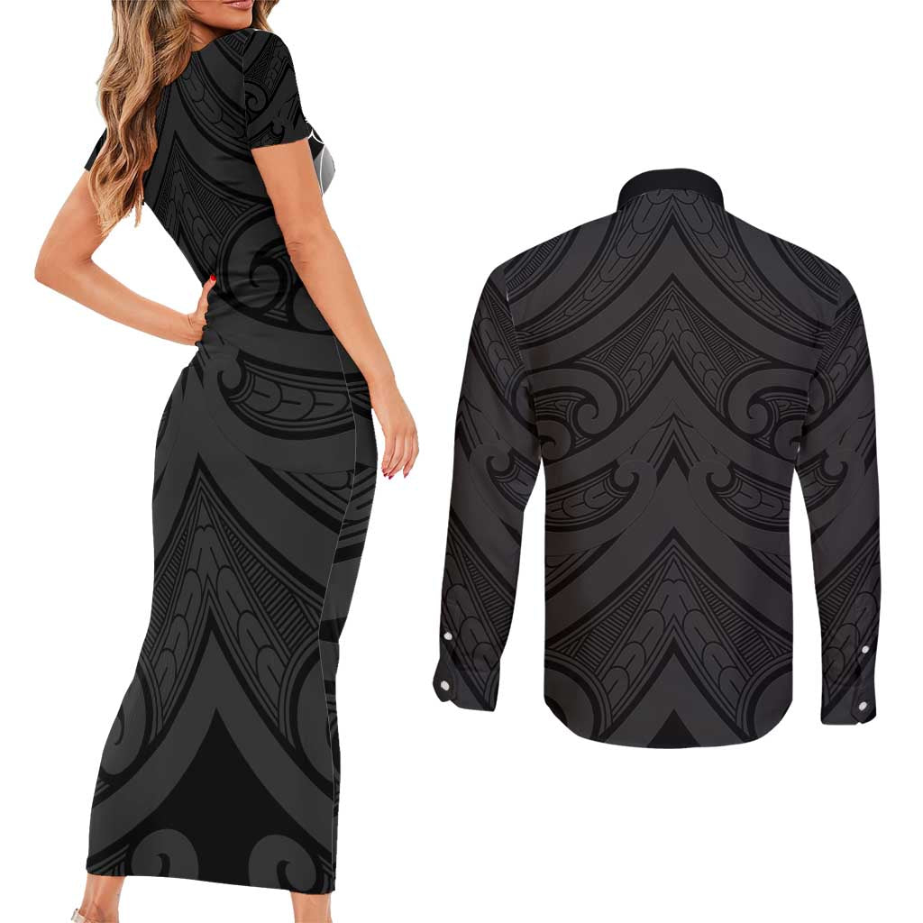 Poutama Korowai New Zealand Couples Matching Short Sleeve Bodycon Dress and Long Sleeve Button Shirt Aotearoa Maori Tattoo - Polynesian Pride