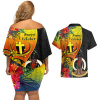 vanuatu-tafea-day-couples-matching-off-shoulder-short-dress-and-hawaiian-shirt-coat-of-arms-mix-tropical-flowers