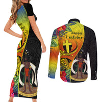 vanuatu-tafea-day-couples-matching-short-sleeve-bodycon-dress-and-long-sleeve-button-shirts-coat-of-arms-mix-tropical-flowers