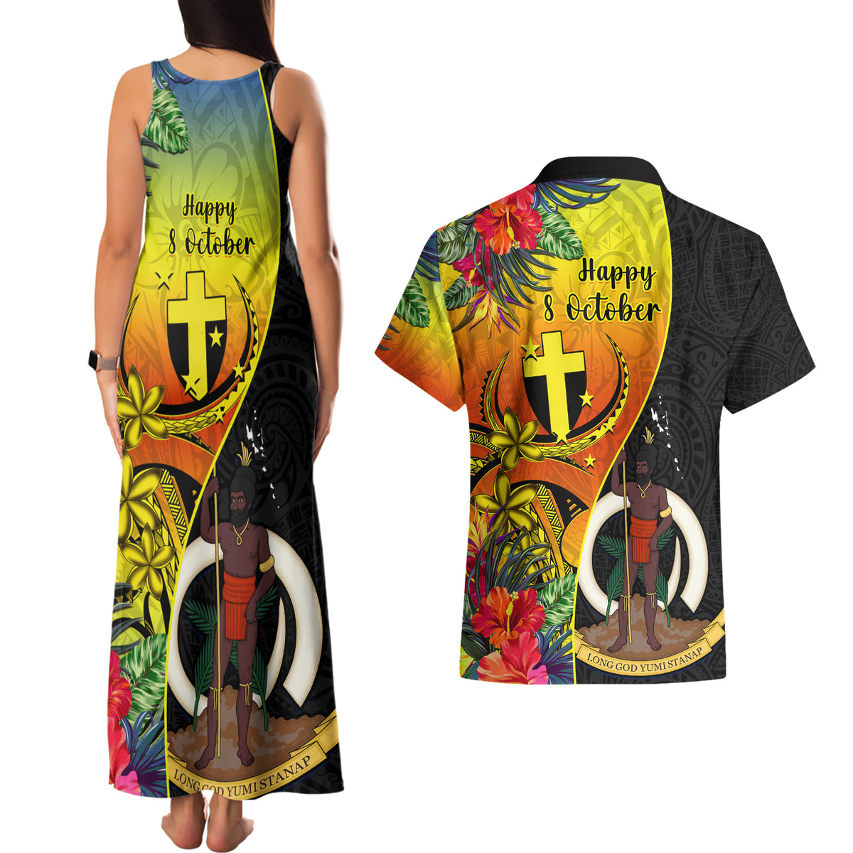 vanuatu-tafea-day-couples-matching-tank-maxi-dress-and-hawaiian-shirt-coat-of-arms-mix-tropical-flowers