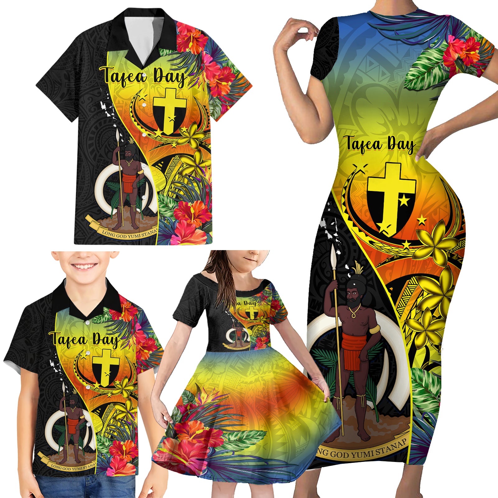 vanuatu-tafea-day-family-matching-short-sleeve-bodycon-dress-and-hawaiian-shirt-coat-of-arms-mix-tropical-flowers