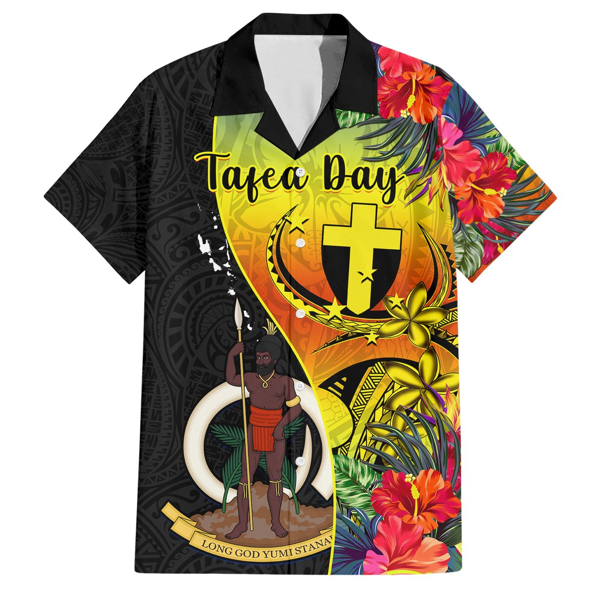 Vanuatu Tafea Day Hawaiian Shirt Coat Of Arms Mix Tropical Flowers LT14 Black - Polynesian Pride