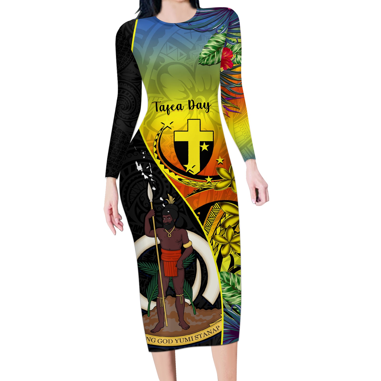 vanuatu-tafea-day-long-sleeve-bodycon-dress-coat-of-arms-mix-tropical-flowers