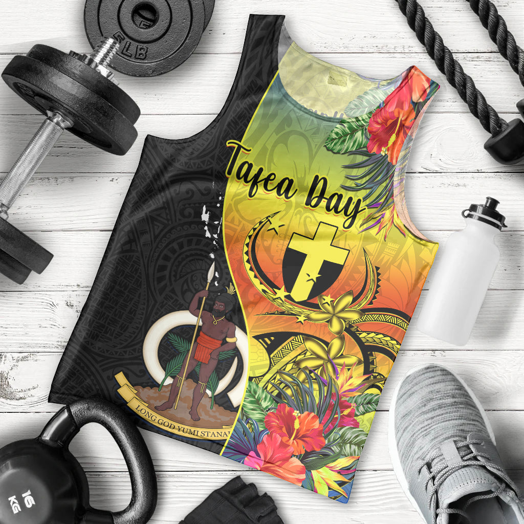 Vanuatu Tafea Day Men Tank Top Coat Of Arms Mix Tropical Flowers LT14 Black - Polynesian Pride