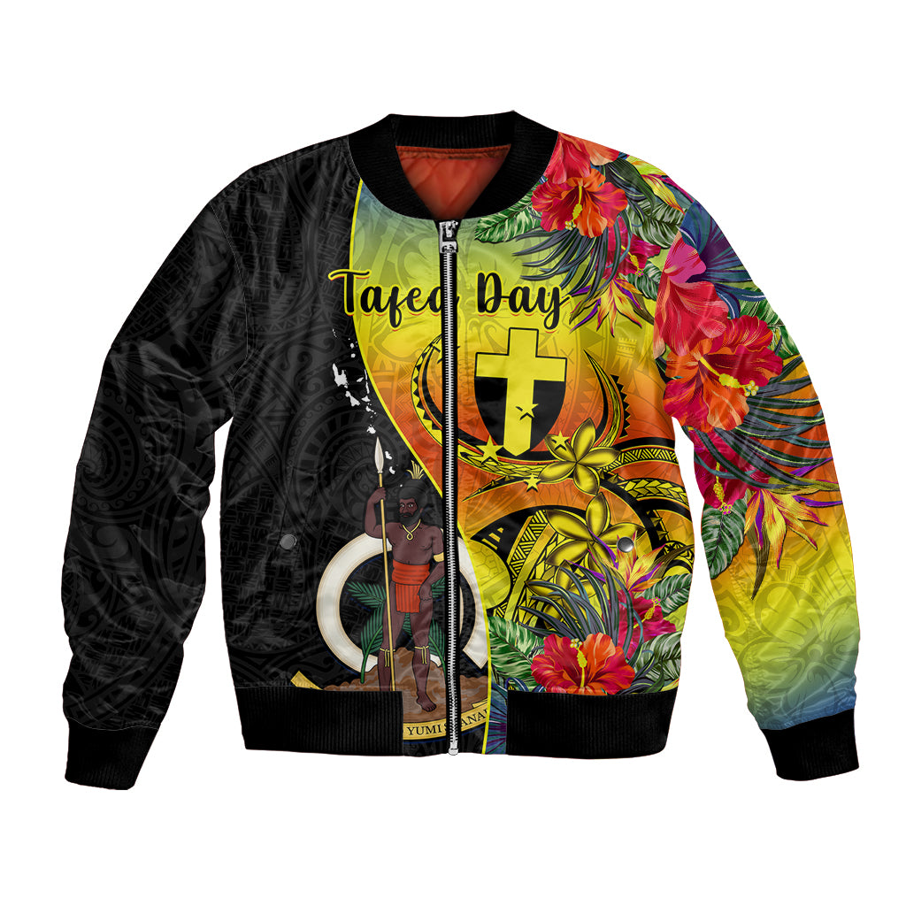 Personalised Vanuatu Tafea Day Bomber Jacket Coat Of Arms Mix Tropical Flowers LT14 Unisex Black - Polynesian Pride