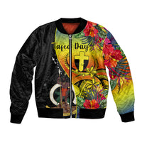 Personalised Vanuatu Tafea Day Bomber Jacket Coat Of Arms Mix Tropical Flowers LT14 Unisex Black - Polynesian Pride