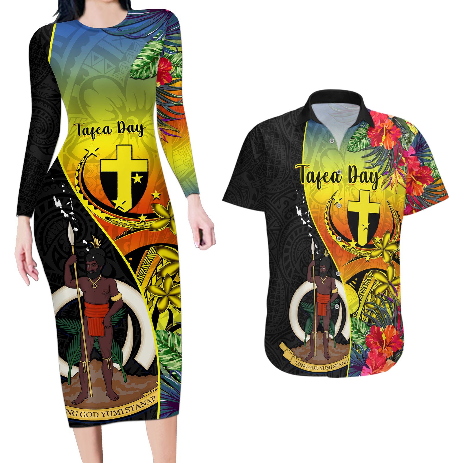 Personalised Vanuatu Tafea Day Couples Matching Long Sleeve Bodycon Dress and Hawaiian Shirt Coat Of Arms Mix Tropical Flowers LT14 Black - Polynesian Pride