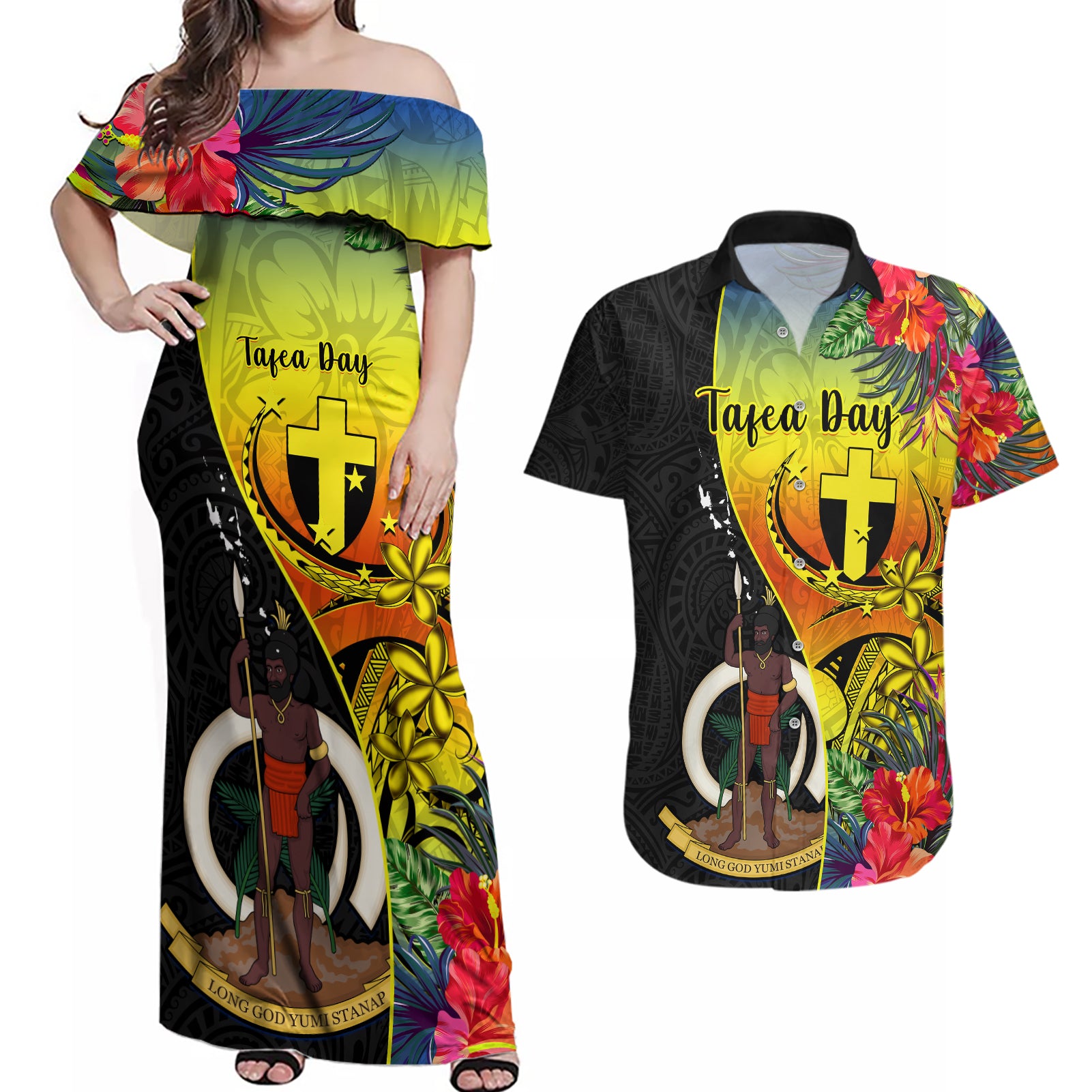 personalised-vanuatu-tafea-day-couples-matching-off-shoulder-maxi-dress-and-hawaiian-shirt-coat-of-arms-mix-tropical-flowers