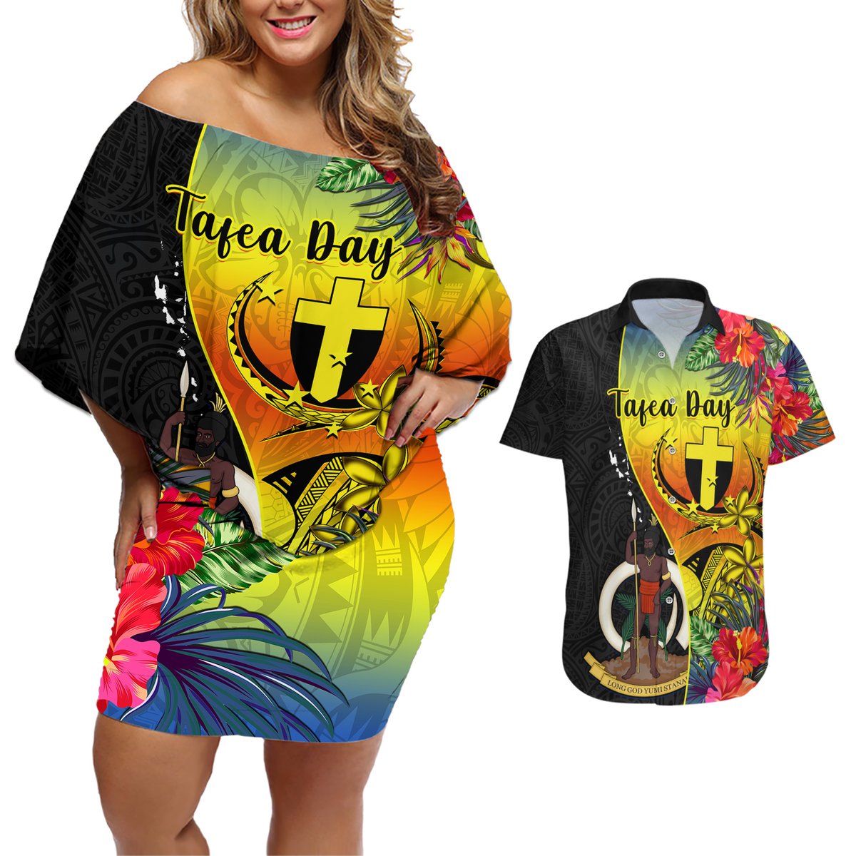 personalised-vanuatu-tafea-day-couples-matching-off-shoulder-short-dress-and-hawaiian-shirt-coat-of-arms-mix-tropical-flowers