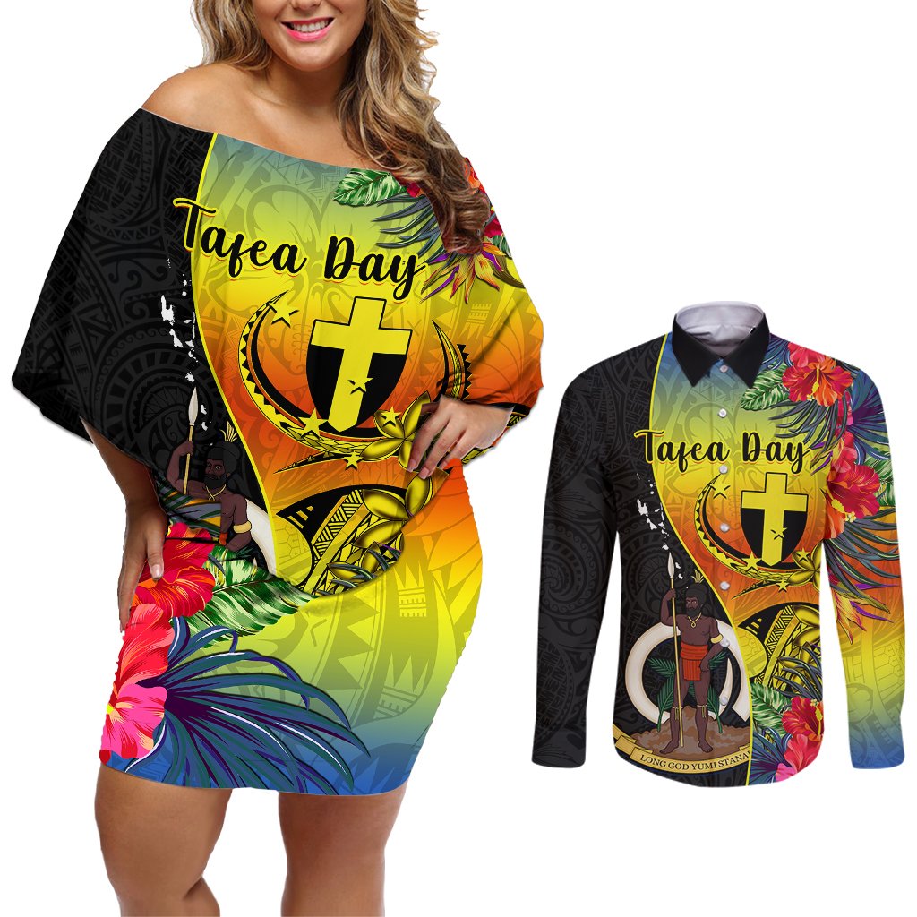 personalised-vanuatu-tafea-day-couples-matching-off-shoulder-short-dress-and-long-sleeve-button-shirts-coat-of-arms-mix-tropical-flowers