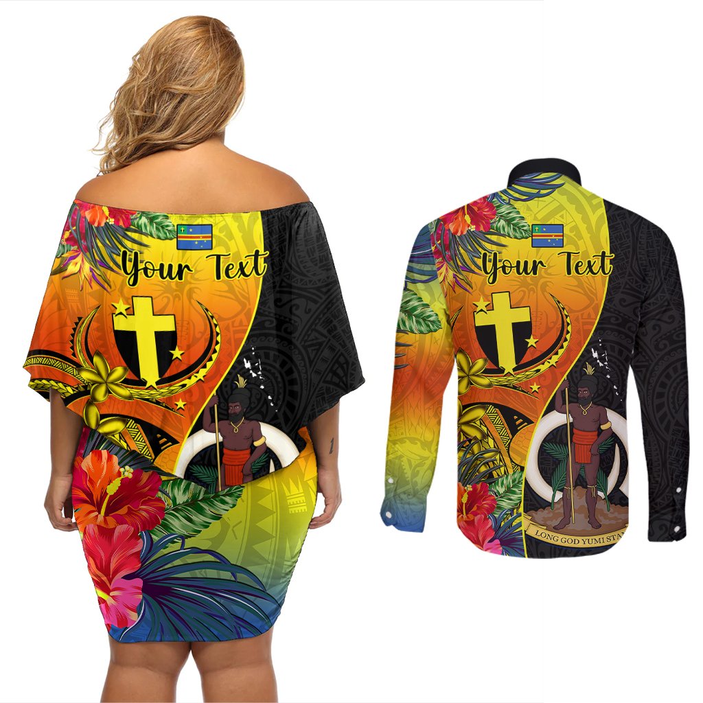 personalised-vanuatu-tafea-day-couples-matching-off-shoulder-short-dress-and-long-sleeve-button-shirts-coat-of-arms-mix-tropical-flowers