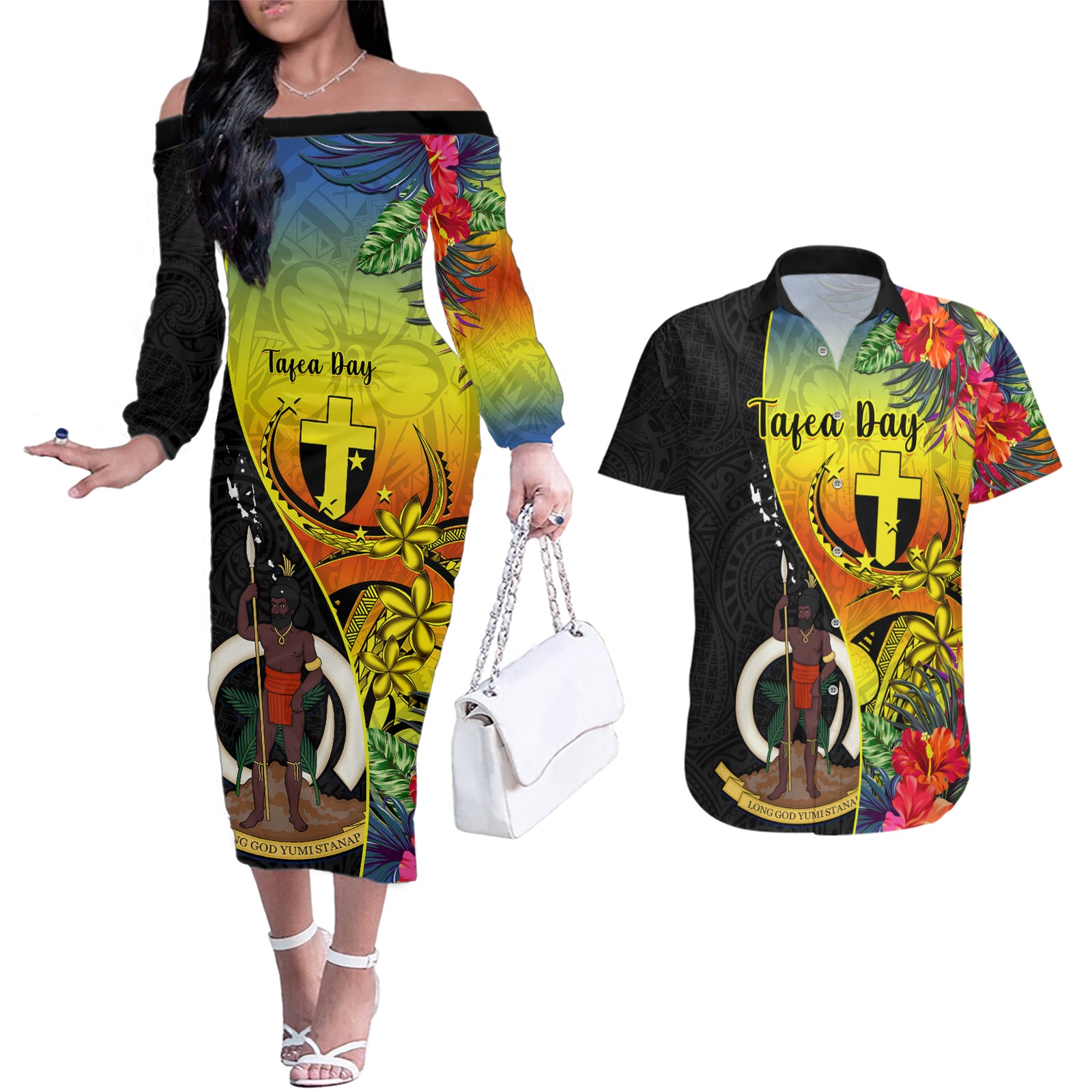 Personalised Vanuatu Tafea Day Couples Matching Off The Shoulder Long Sleeve Dress and Hawaiian Shirt Coat Of Arms Mix Tropical Flowers LT14 Black - Polynesian Pride