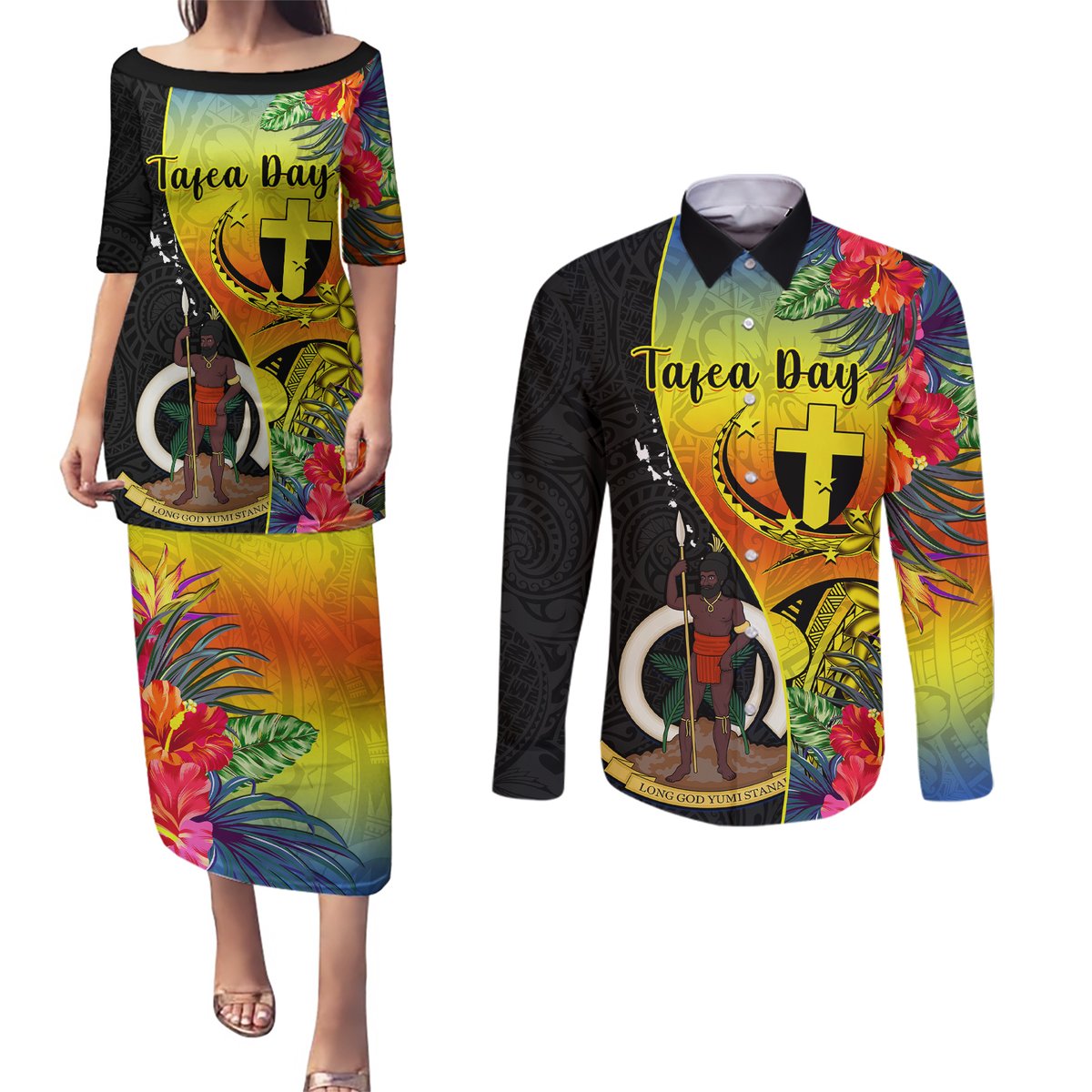Personalised Vanuatu Tafea Day Couples Matching Puletasi Dress and Long Sleeve Button Shirts Coat Of Arms Mix Tropical Flowers LT14 Black - Polynesian Pride
