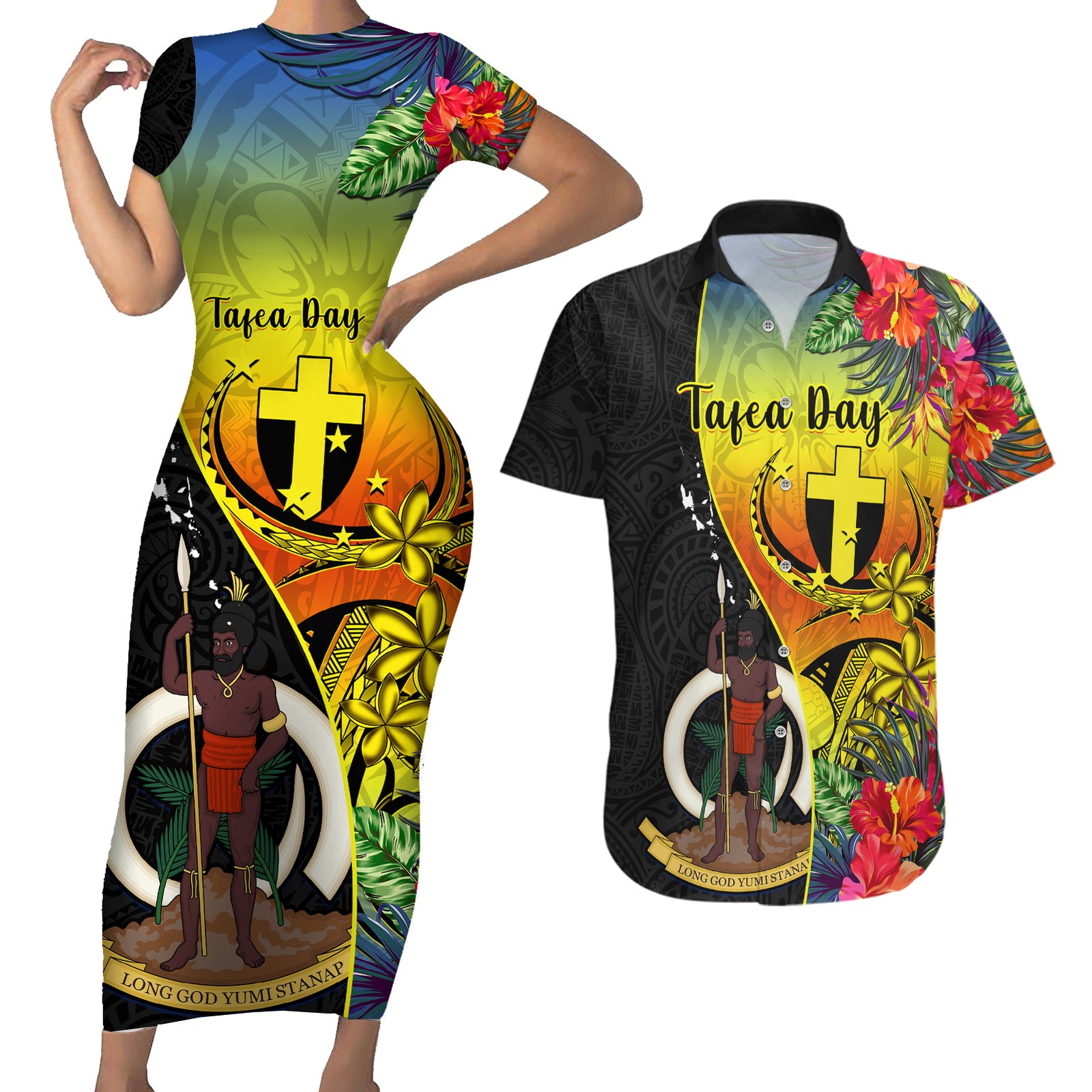 Personalised Vanuatu Tafea Day Couples Matching Short Sleeve Bodycon Dress and Hawaiian Shirt Coat Of Arms Mix Tropical Flowers LT14 Black - Polynesian Pride