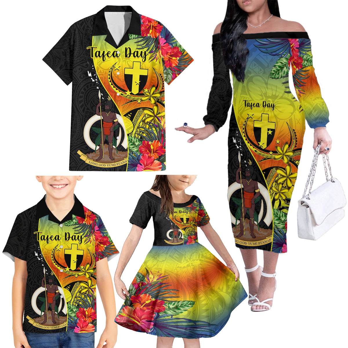 personalised-vanuatu-tafea-day-family-matching-off-shoulder-long-sleeve-dress-and-hawaiian-shirt-coat-of-arms-mix-tropical-flowers