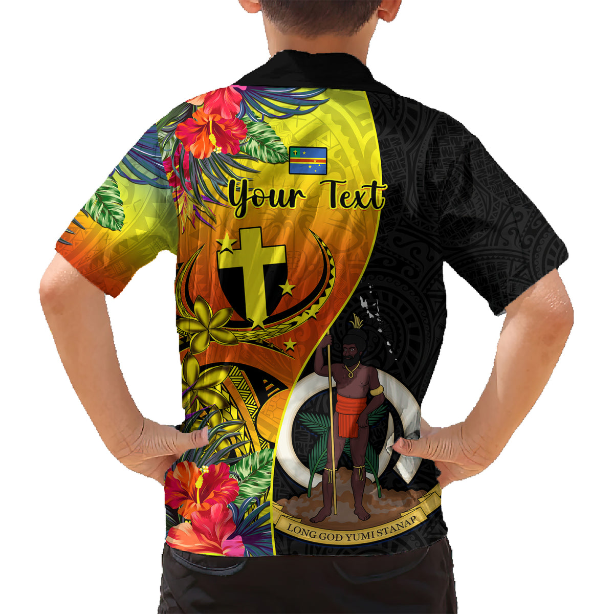 personalised-vanuatu-tafea-day-kid-hawaiian-shirt-coat-of-arms-mix-tropical-flowers