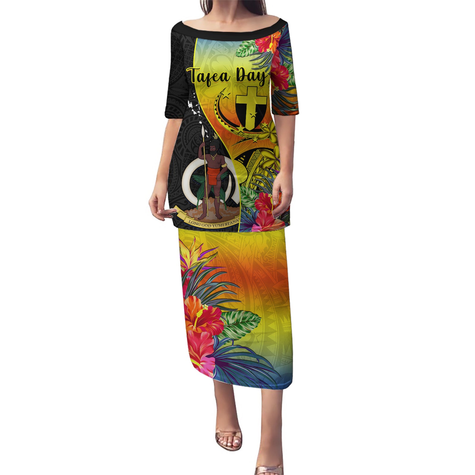 Personalised Vanuatu Tafea Day Puletasi Coat Of Arms Mix Tropical Flowers LT14 Long Dress Black - Polynesian Pride