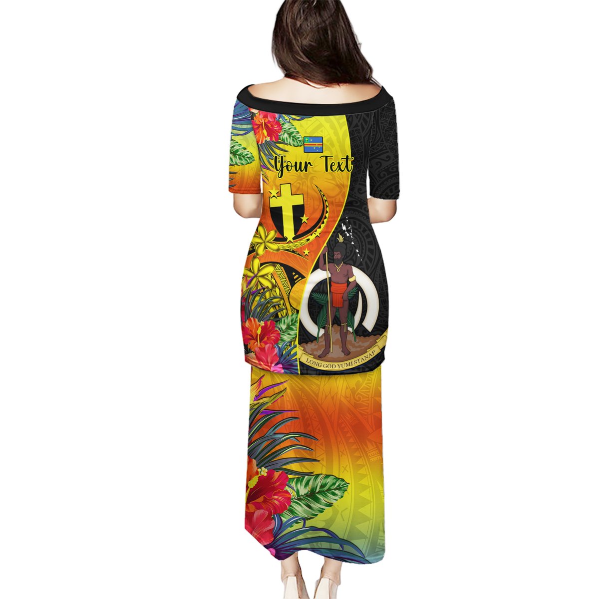 Personalised Vanuatu Tafea Day Puletasi Coat Of Arms Mix Tropical Flowers LT14 - Polynesian Pride