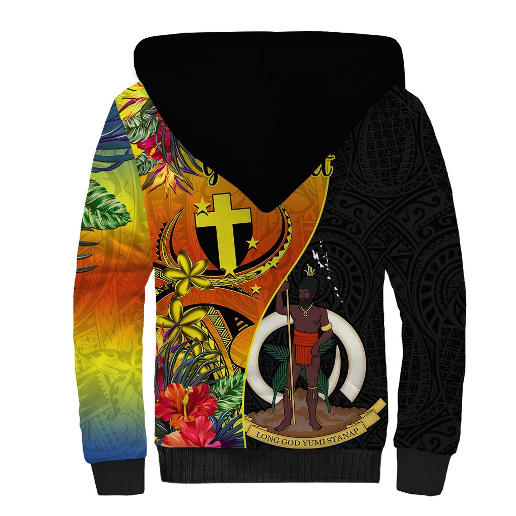 Personalised Vanuatu Tafea Day Sherpa Hoodie Coat Of Arms Mix Tropical Flowers LT14 - Polynesian Pride