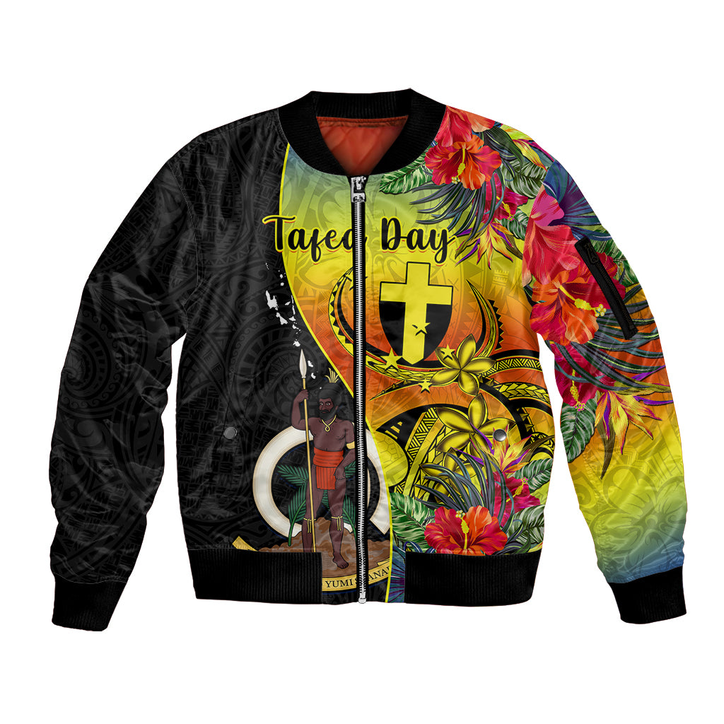 Personalised Vanuatu Tafea Day Sleeve Zip Bomber Jacket Coat Of Arms Mix Tropical Flowers LT14 Unisex Black - Polynesian Pride