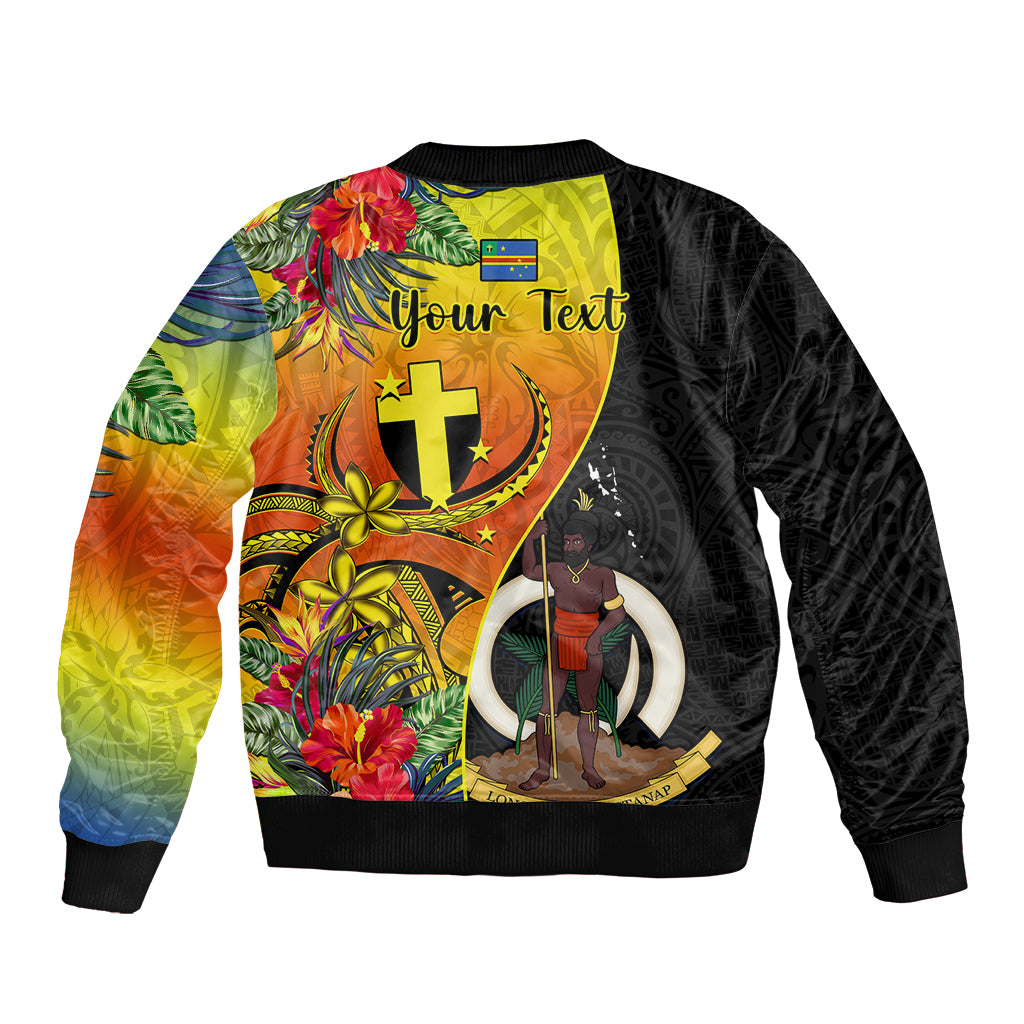 Personalised Vanuatu Tafea Day Sleeve Zip Bomber Jacket Coat Of Arms Mix Tropical Flowers LT14 - Polynesian Pride