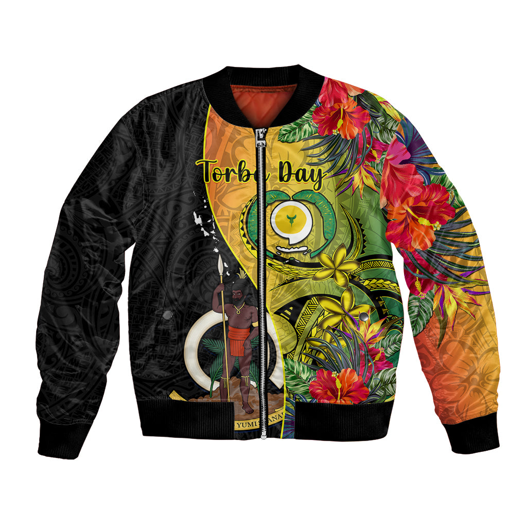Vanuatu Torba Day Bomber Jacket Coat Of Arms Mix Tropical Flowers LT14 Unisex Black - Polynesian Pride
