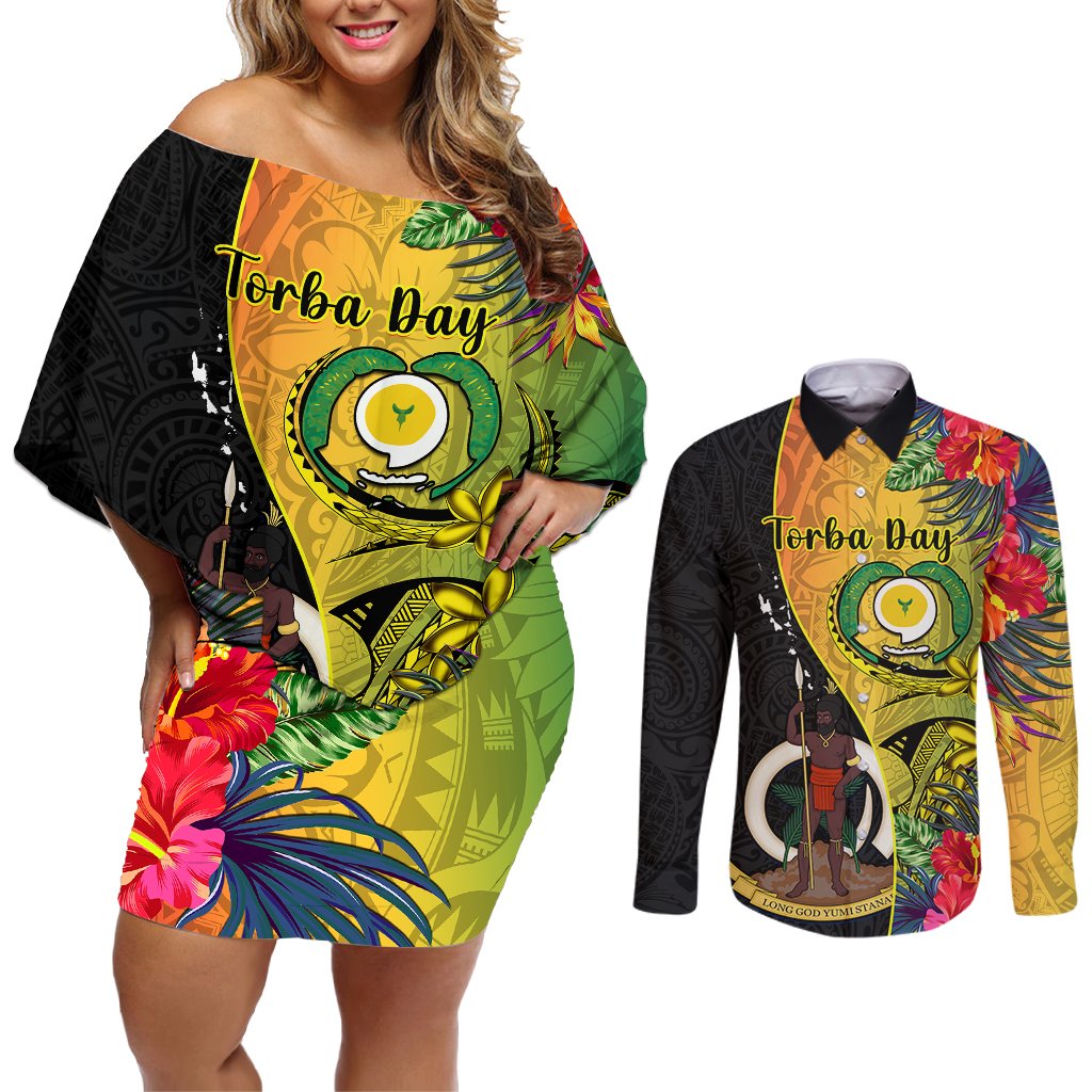 Vanuatu Torba Day Couples Matching Off Shoulder Short Dress and Long Sleeve Button Shirts Coat Of Arms Mix Tropical Flowers LT14 Black - Polynesian Pride