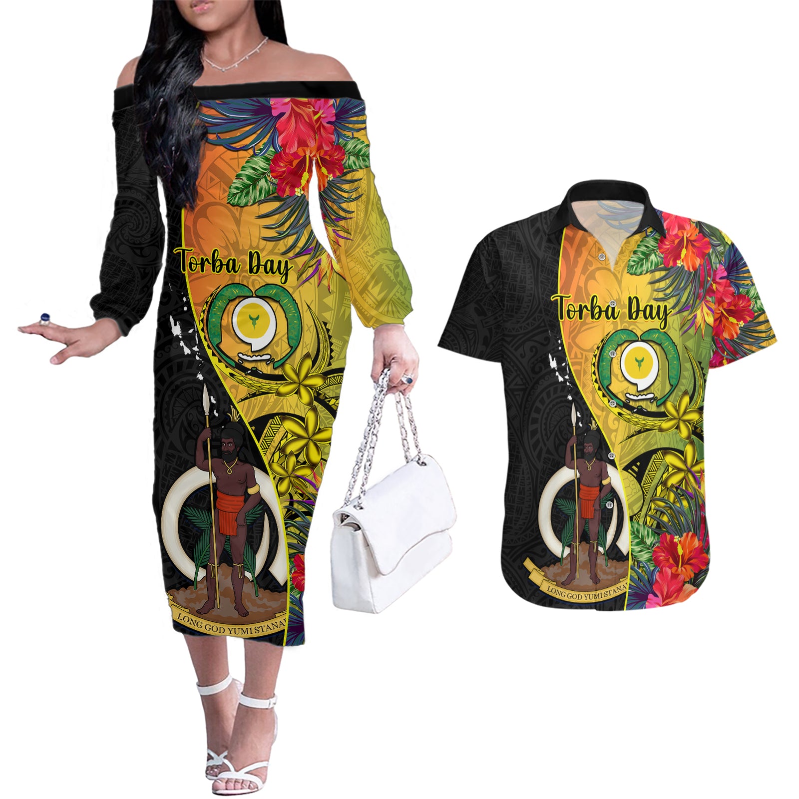 Vanuatu Torba Day Couples Matching Off The Shoulder Long Sleeve Dress and Hawaiian Shirt Coat Of Arms Mix Tropical Flowers LT14 Black - Polynesian Pride