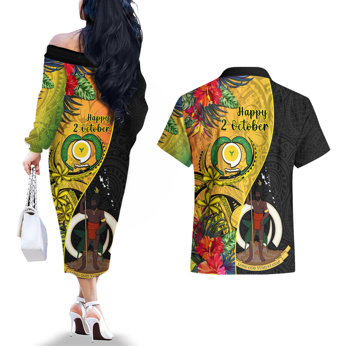 vanuatu-torba-day-couples-matching-off-the-shoulder-long-sleeve-dress-and-hawaiian-shirt-coat-of-arms-mix-tropical-flowers
