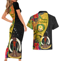 vanuatu-torba-day-couples-matching-short-sleeve-bodycon-dress-and-hawaiian-shirt-coat-of-arms-mix-tropical-flowers