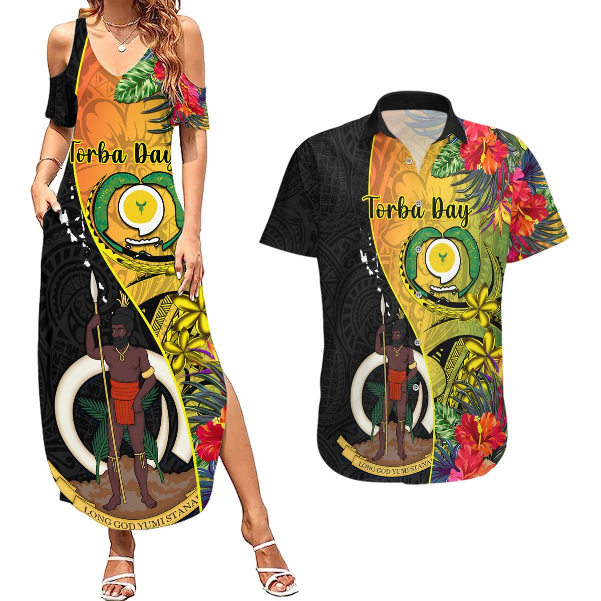 vanuatu-torba-day-couples-matching-summer-maxi-dress-and-hawaiian-shirt-coat-of-arms-mix-tropical-flowers