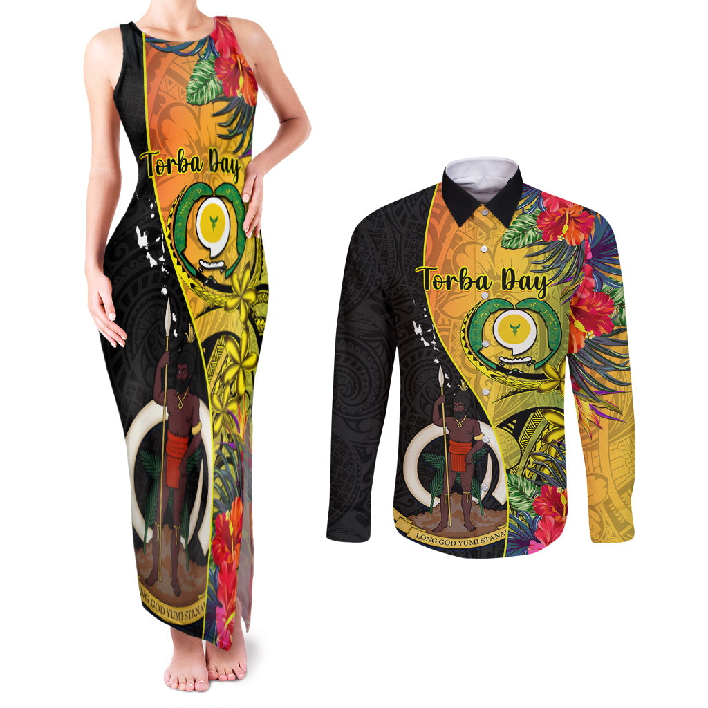 Vanuatu Torba Day Couples Matching Tank Maxi Dress and Long Sleeve Button Shirts Coat Of Arms Mix Tropical Flowers LT14 Black - Polynesian Pride