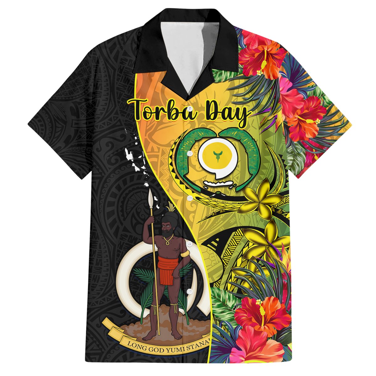 Vanuatu Torba Day Hawaiian Shirt Coat Of Arms Mix Tropical Flowers LT14 Black - Polynesian Pride