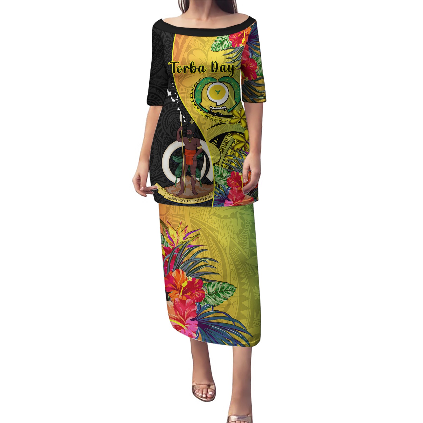 Vanuatu Torba Day Puletasi Coat Of Arms Mix Tropical Flowers LT14 Long Dress Black - Polynesian Pride