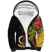 Vanuatu Torba Day Sherpa Hoodie Coat Of Arms Mix Tropical Flowers LT14 Unisex Black - Polynesian Pride