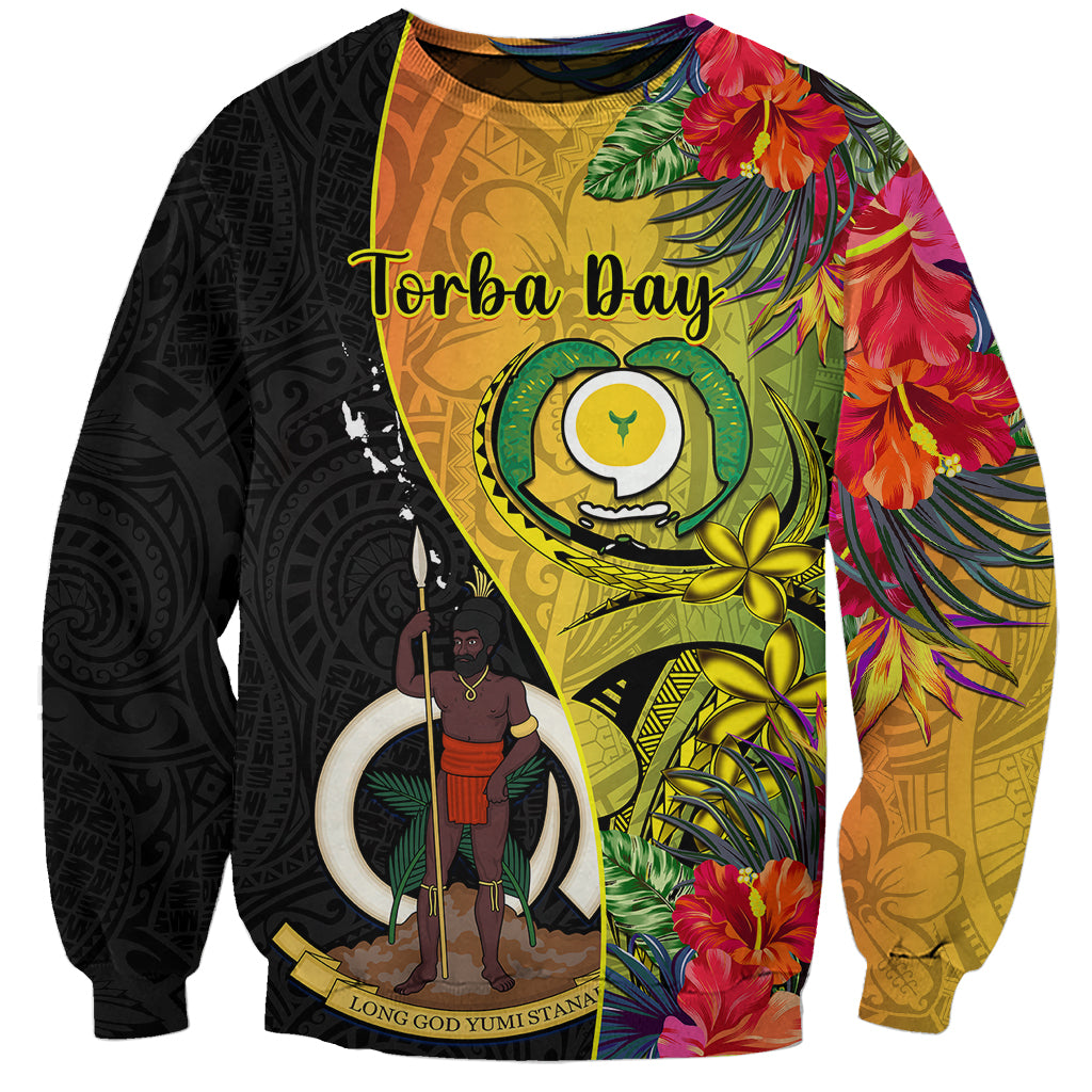Vanuatu Torba Day Sweatshirt Coat Of Arms Mix Tropical Flowers LT14 Unisex Black - Polynesian Pride