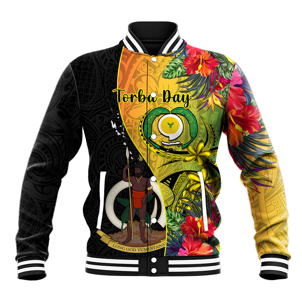 Personalised Vanuatu Torba Day Baseball Jacket Coat Of Arms Mix Tropical Flowers LT14 Unisex Black - Polynesian Pride