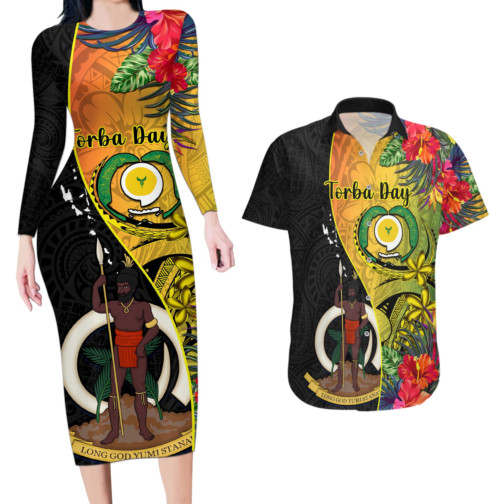 personalised-vanuatu-torba-day-couples-matching-long-sleeve-bodycon-dress-and-hawaiian-shirt-coat-of-arms-mix-tropical-flowers