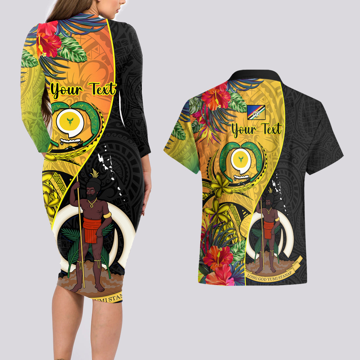 Personalised Vanuatu Torba Day Couples Matching Long Sleeve Bodycon Dress and Hawaiian Shirt Coat Of Arms Mix Tropical Flowers LT14 - Polynesian Pride