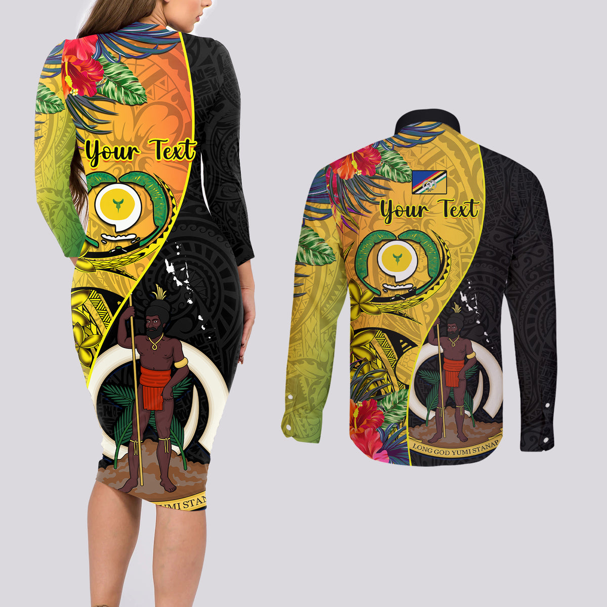 personalised-vanuatu-torba-day-couples-matching-long-sleeve-bodycon-dress-and-long-sleeve-button-shirts-coat-of-arms-mix-tropical-flowers