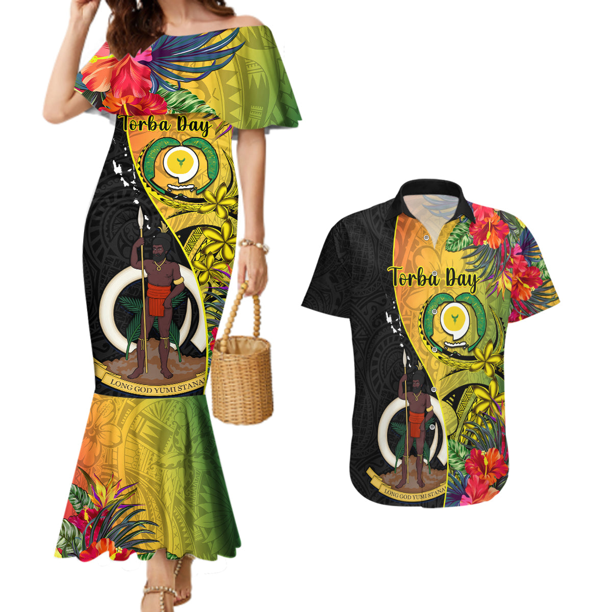 personalised-vanuatu-torba-day-couples-matching-mermaid-dress-and-hawaiian-shirt-coat-of-arms-mix-tropical-flowers